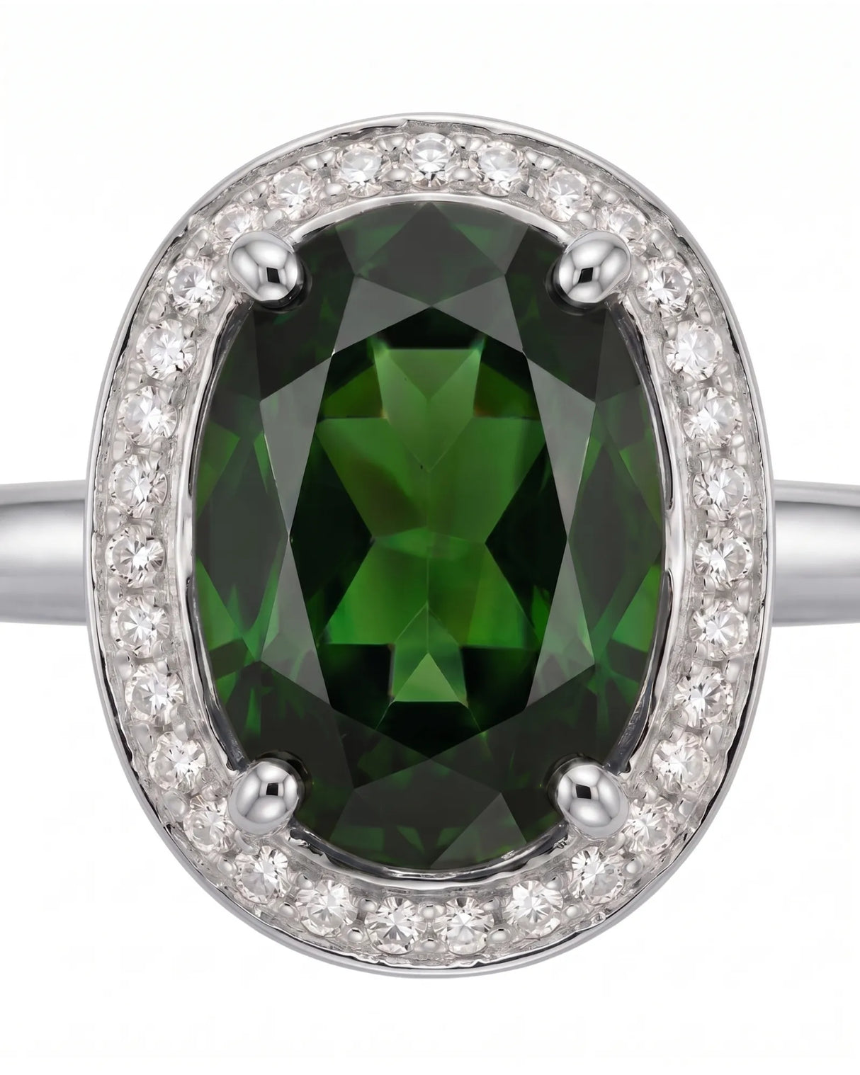 Luxury oval green tourmaline ring with diamond halo in 18K white gold | SARATTI