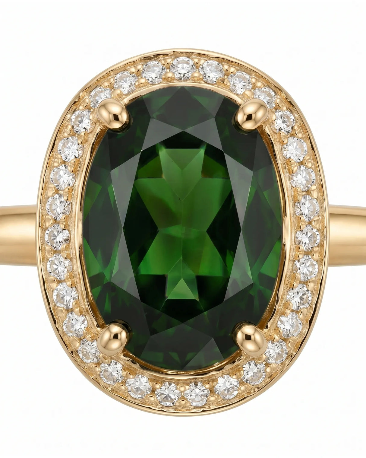 Luxury oval green tourmaline ring with diamond halo in 18K yellow gold | SARATTI