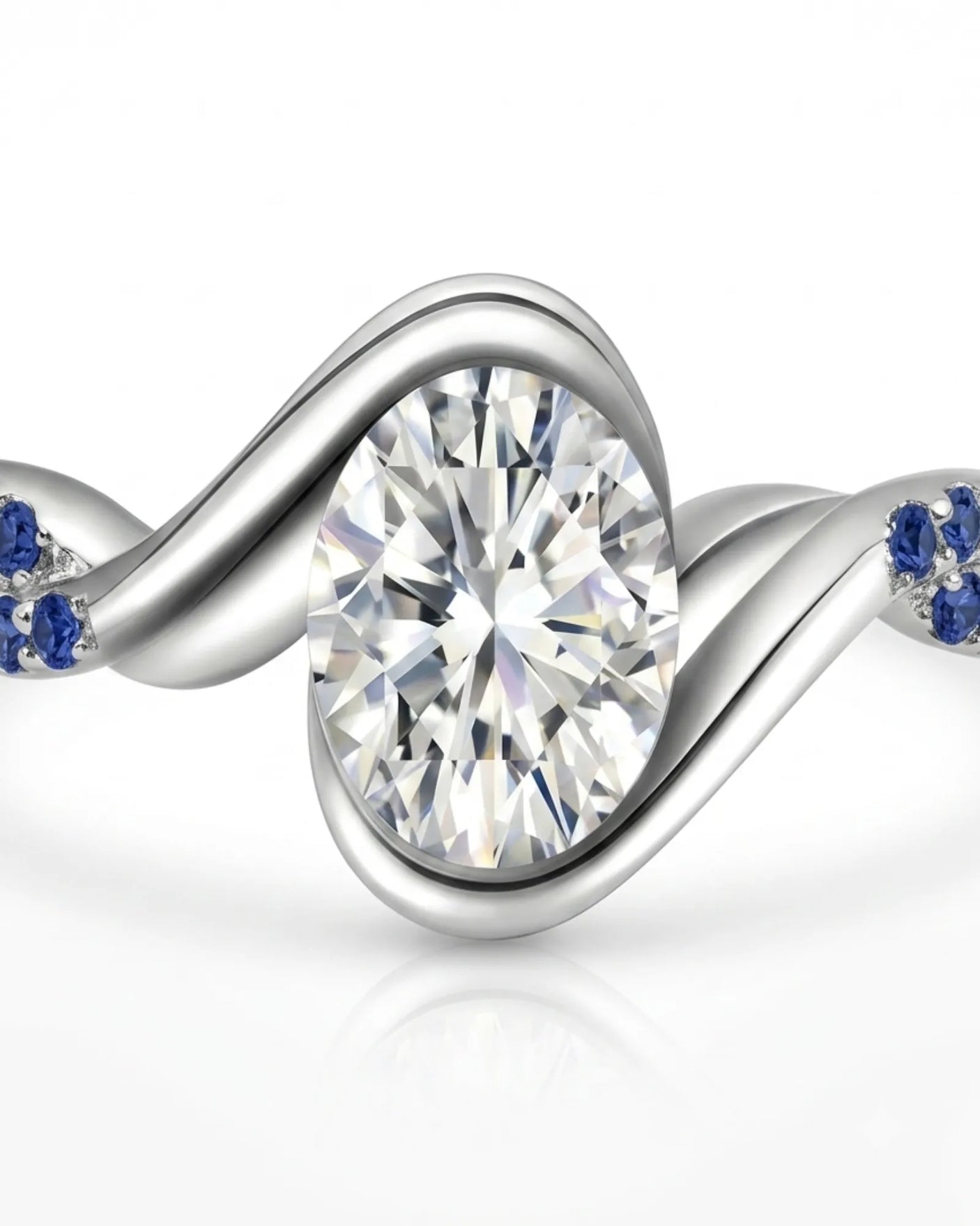 Luxury oval moissanite and natural sapphire ring with sculptural platinum ribbon setting | SARATTI.