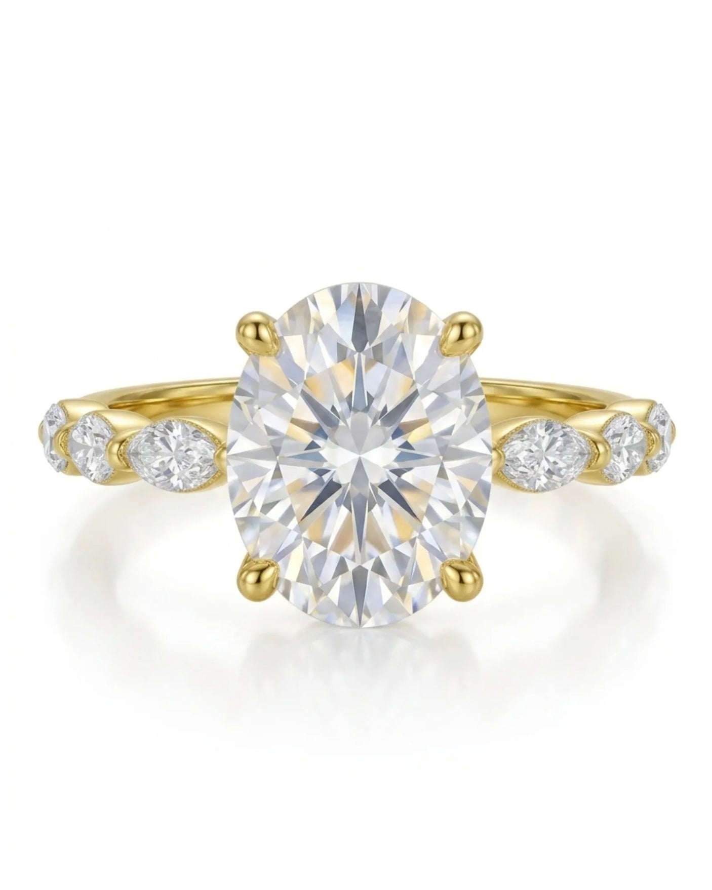Luxury oval moissanite engagement ring with royal marquise detailing and 18K yellow gold craftsmanship - SARATTI