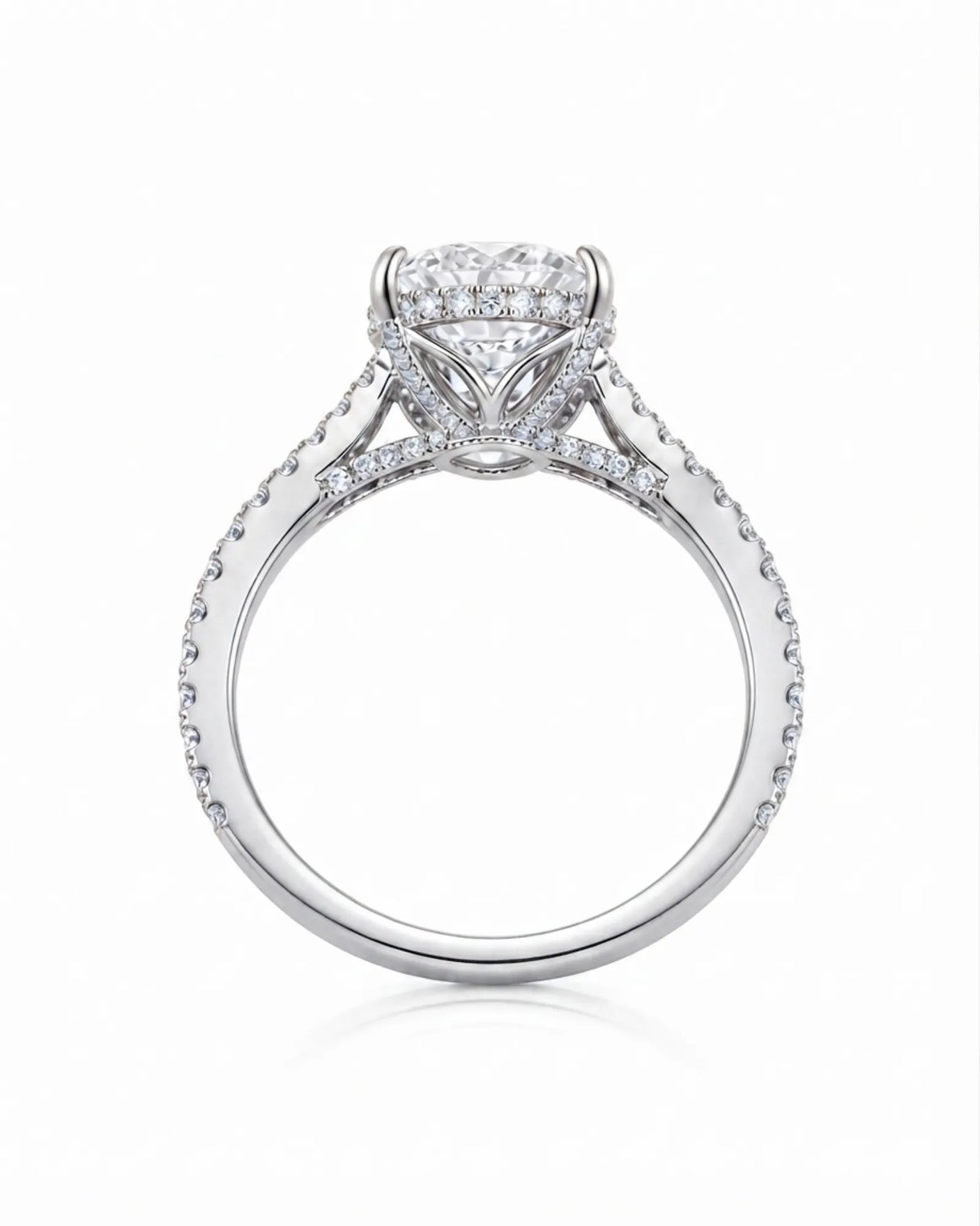 Luxury oval moissanite pavé engagement ring with elevated white gold profile | SARATTI
