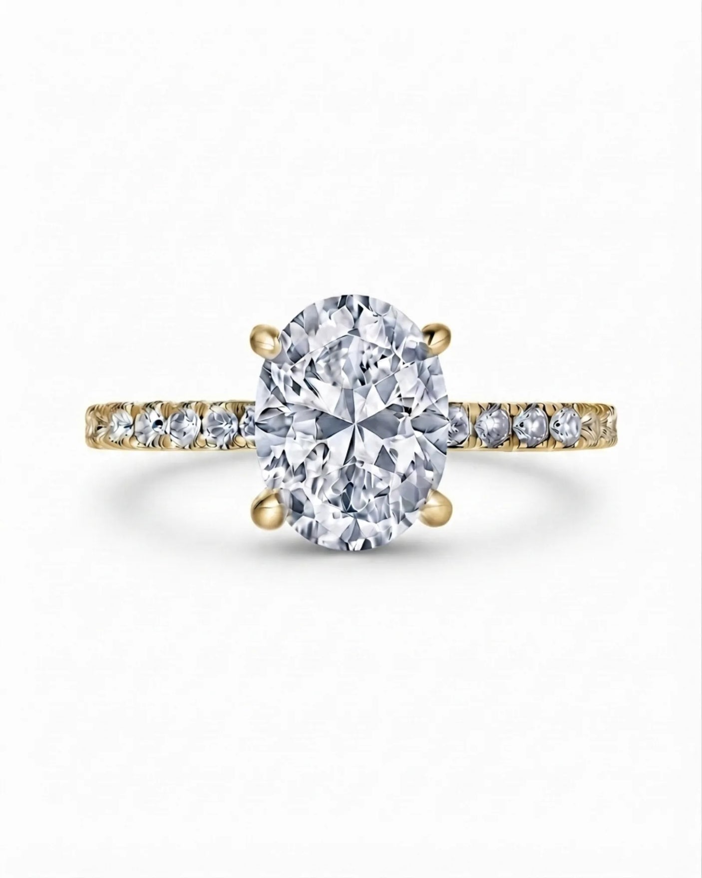 Luxury oval moissanite pavé engagement ring with polished yellow gold architecture | SARATTI