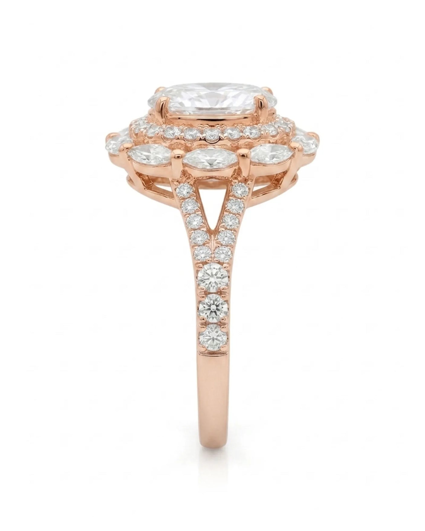 Luxury oval moissanite ring with floral halo and pavé split shank in rose gold | SARATTI