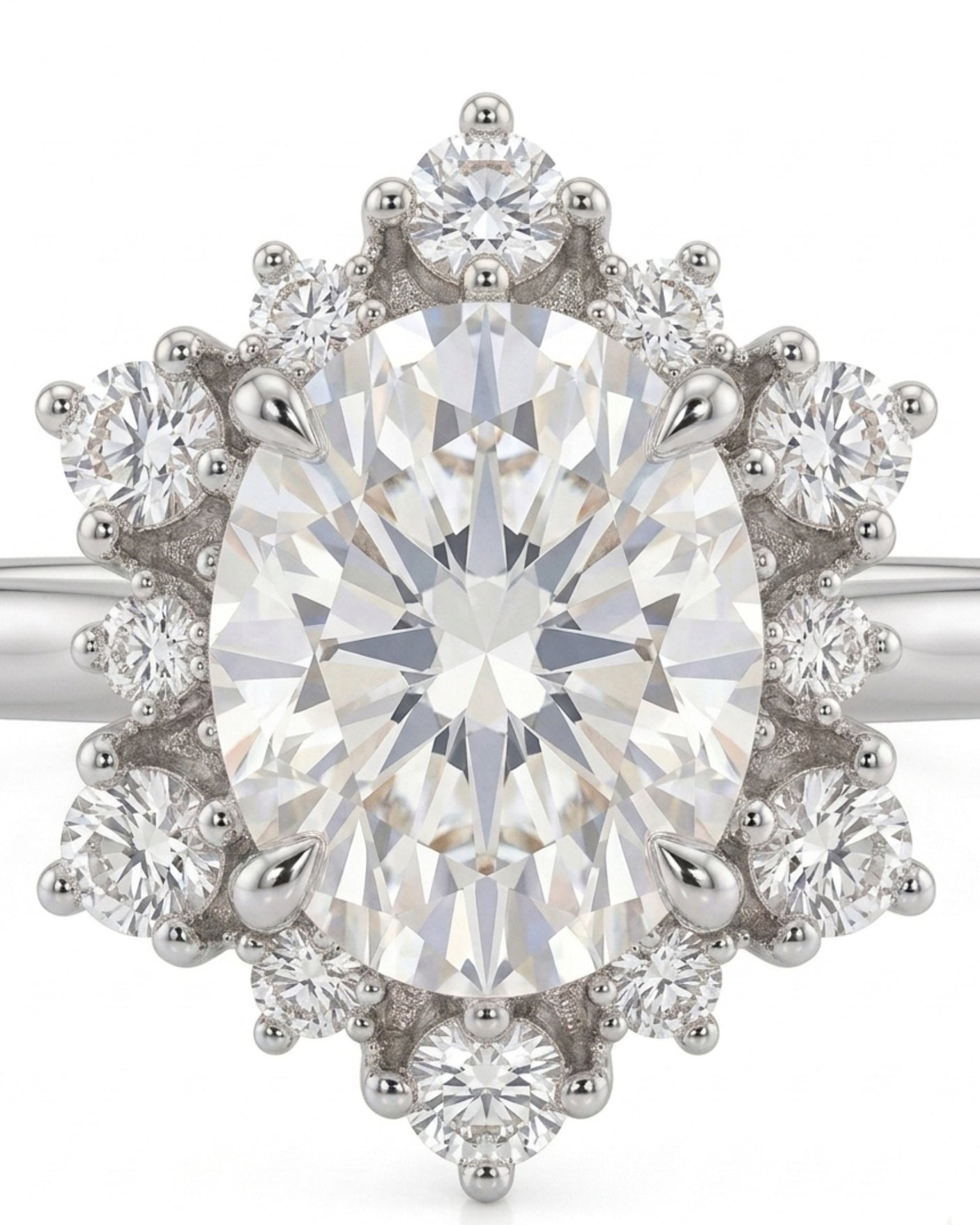 Luxury oval moissanite ring with floral halo and refined white gold setting | SARATTI