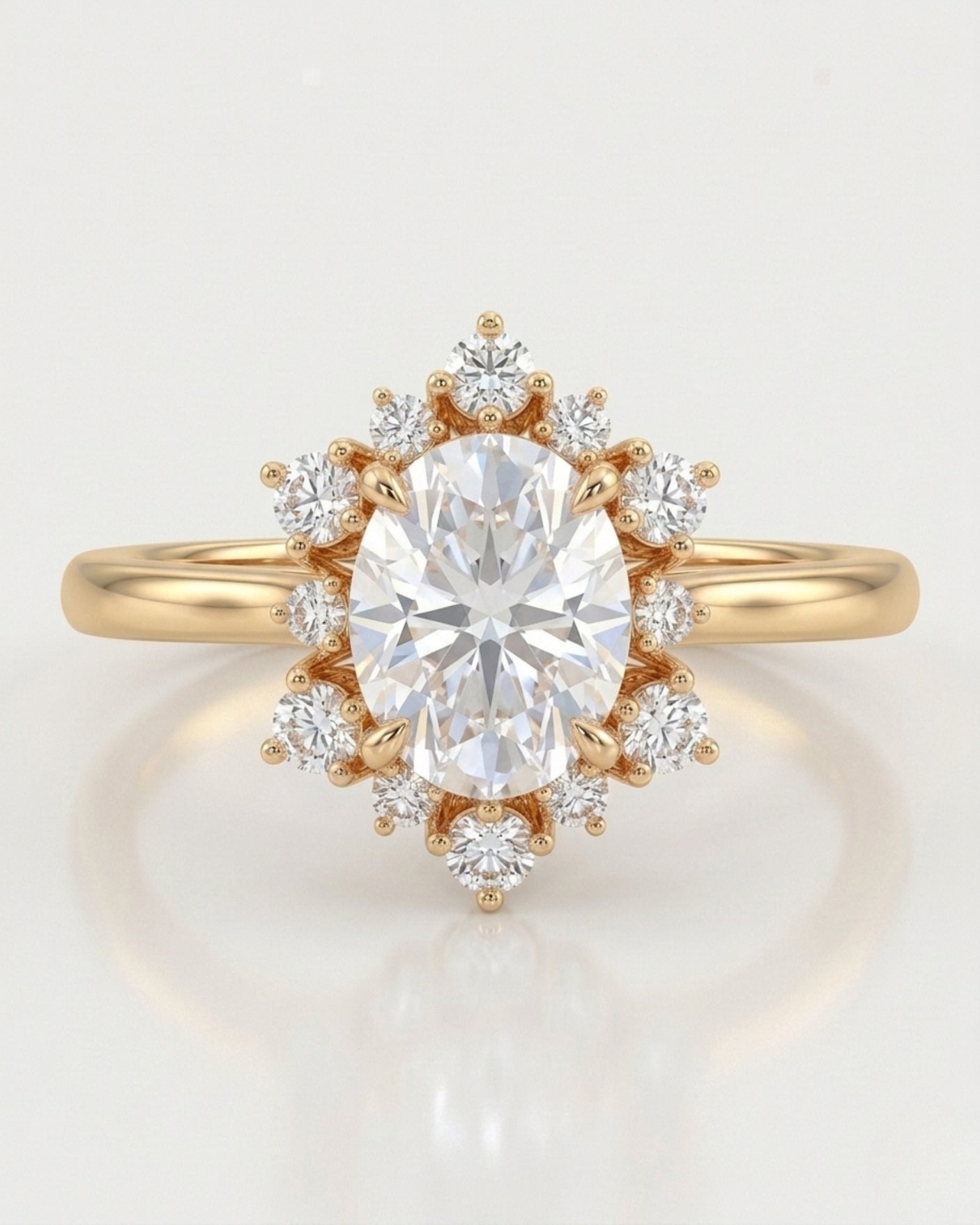 Luxury oval moissanite ring with floral halo and rich yellow gold setting | SARATTI