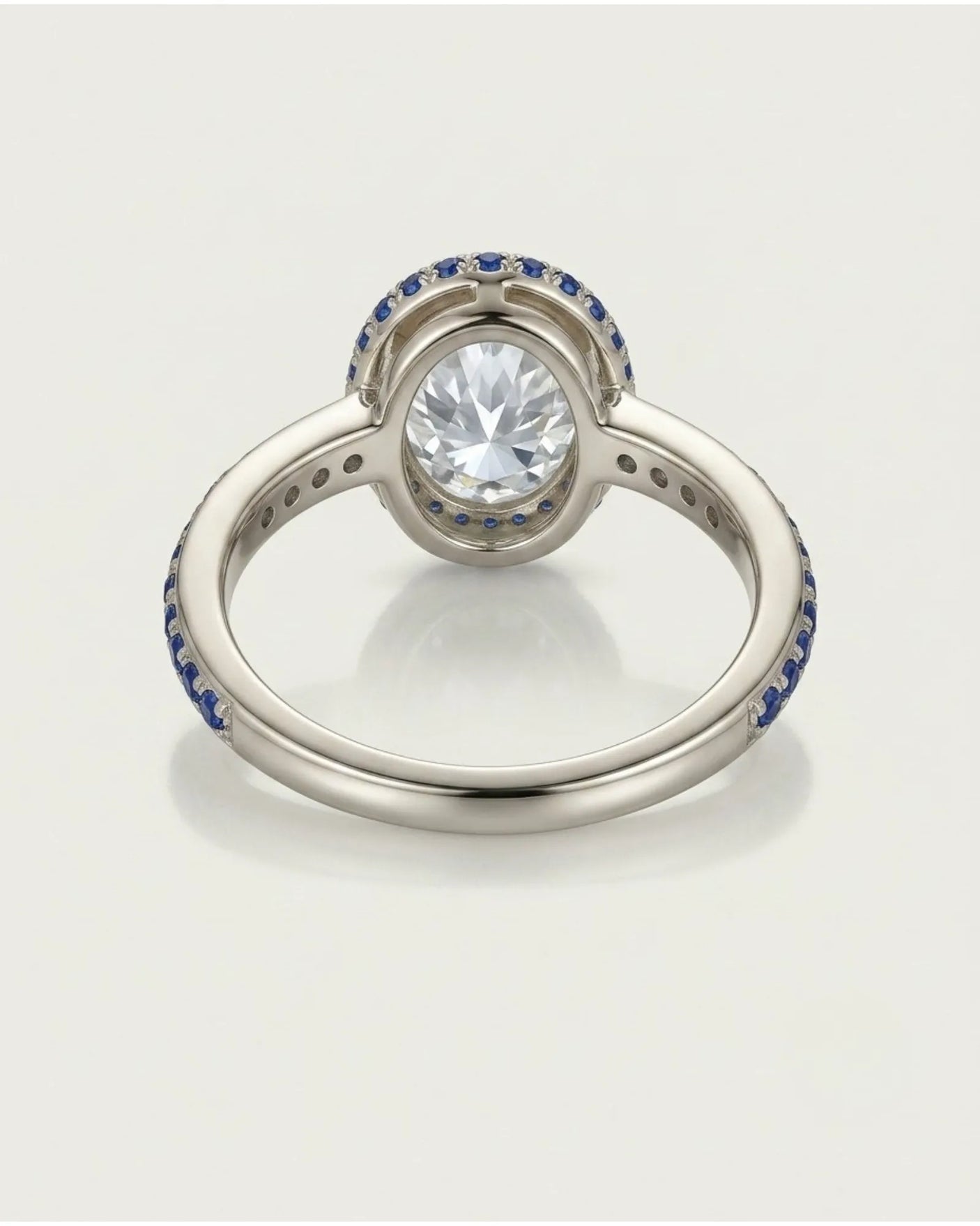 Luxury oval natural diamond and sapphire ring with slim gemstone band in 18K white gold - SARATTI