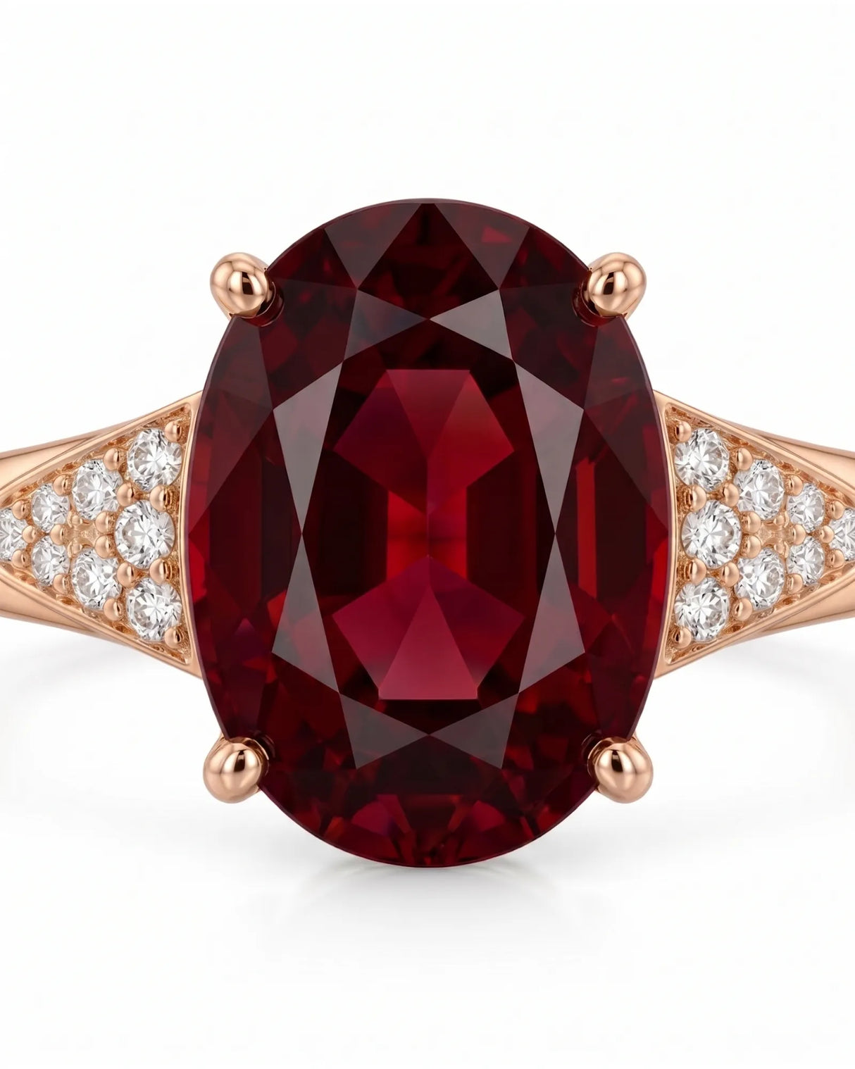 Luxury oval red garnet ring with diamond accents in 18K rose gold - SARATTI