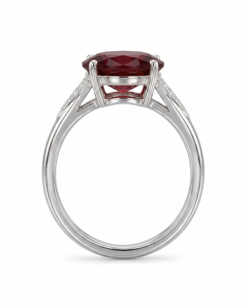 Luxury oval red garnet ring with diamond accents in platinum -| SARATTI