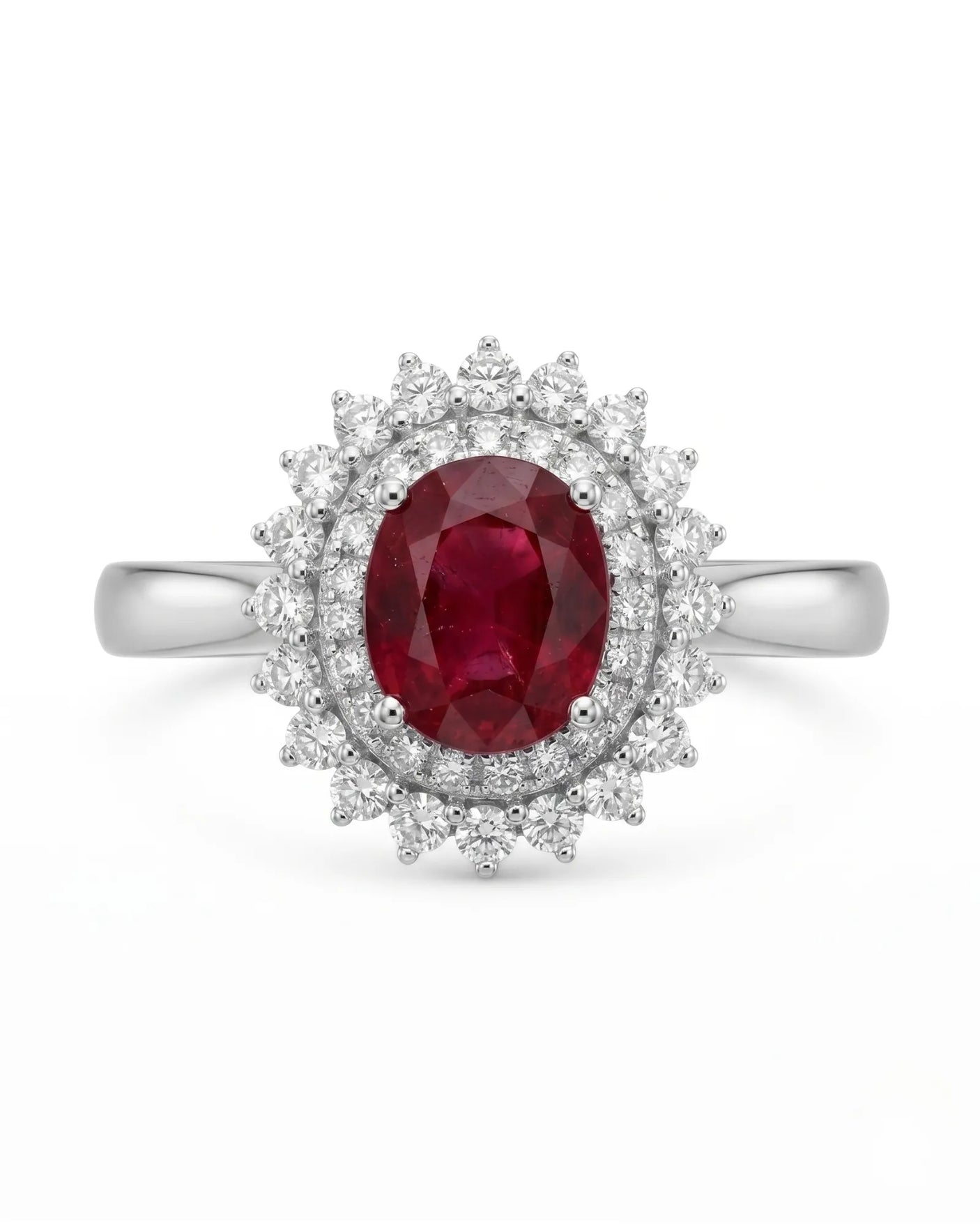 Luxury oval ruby halo ring with brilliant diamonds in elegant platinum | SARATTI