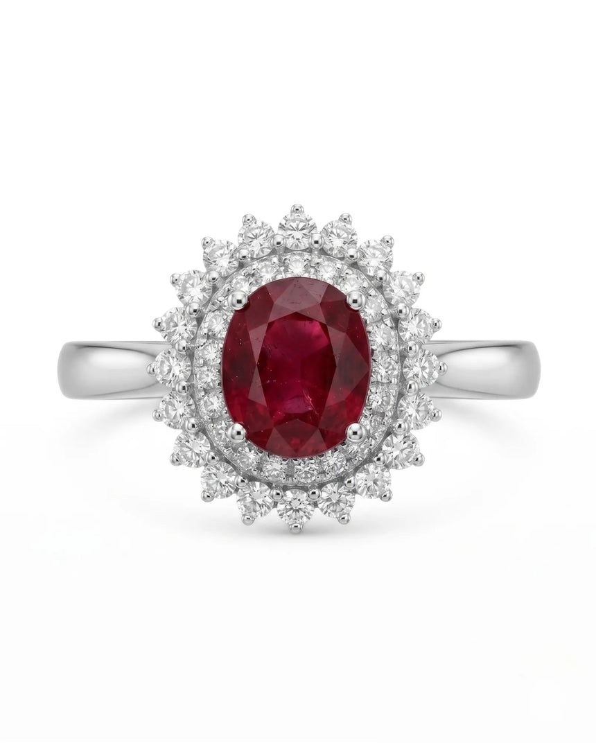Luxury oval ruby halo ring with brilliant diamonds in elegant platinum | SARATTI