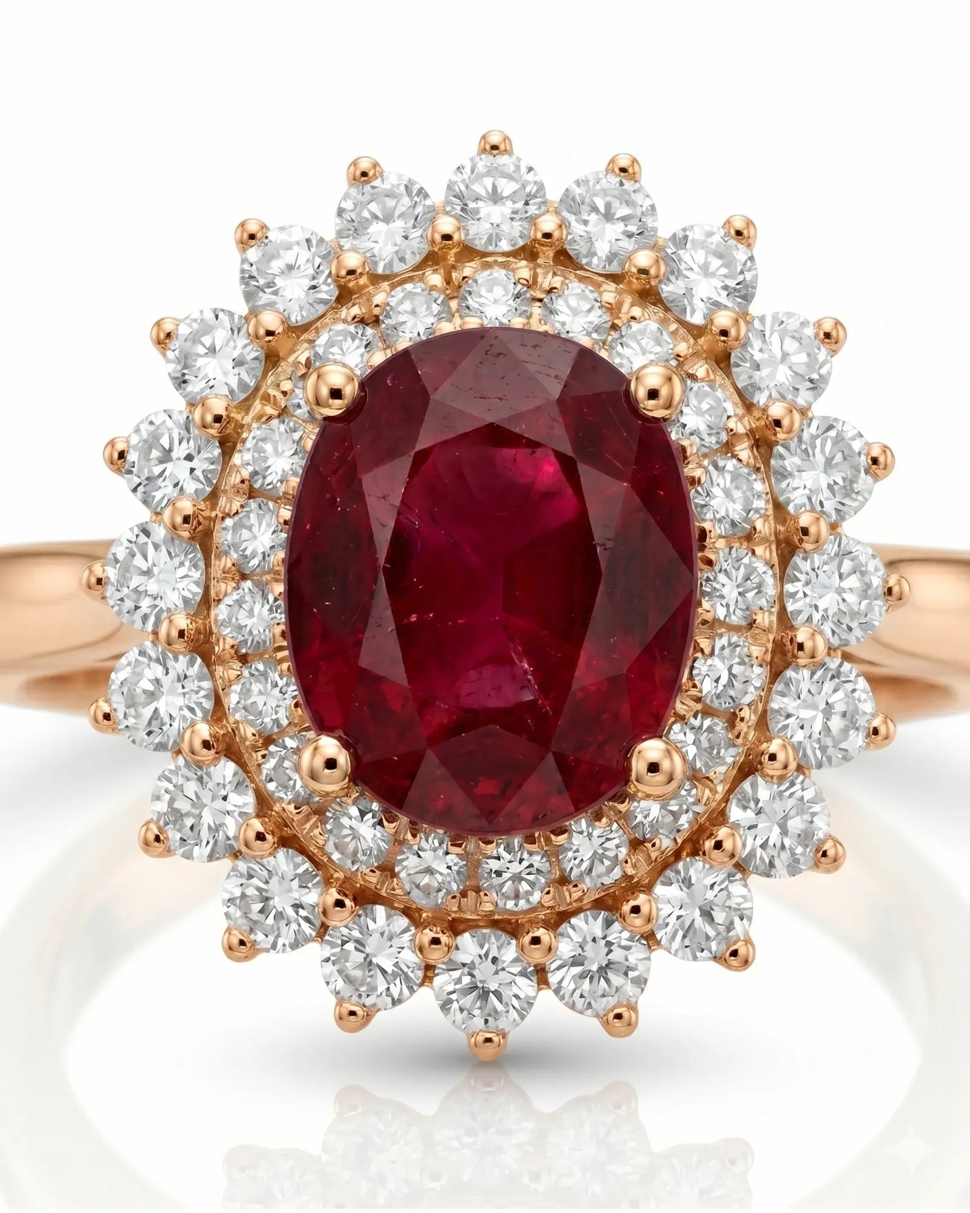 Luxury oval ruby halo ring with brilliant diamonds in refined rose gold - SARATTI