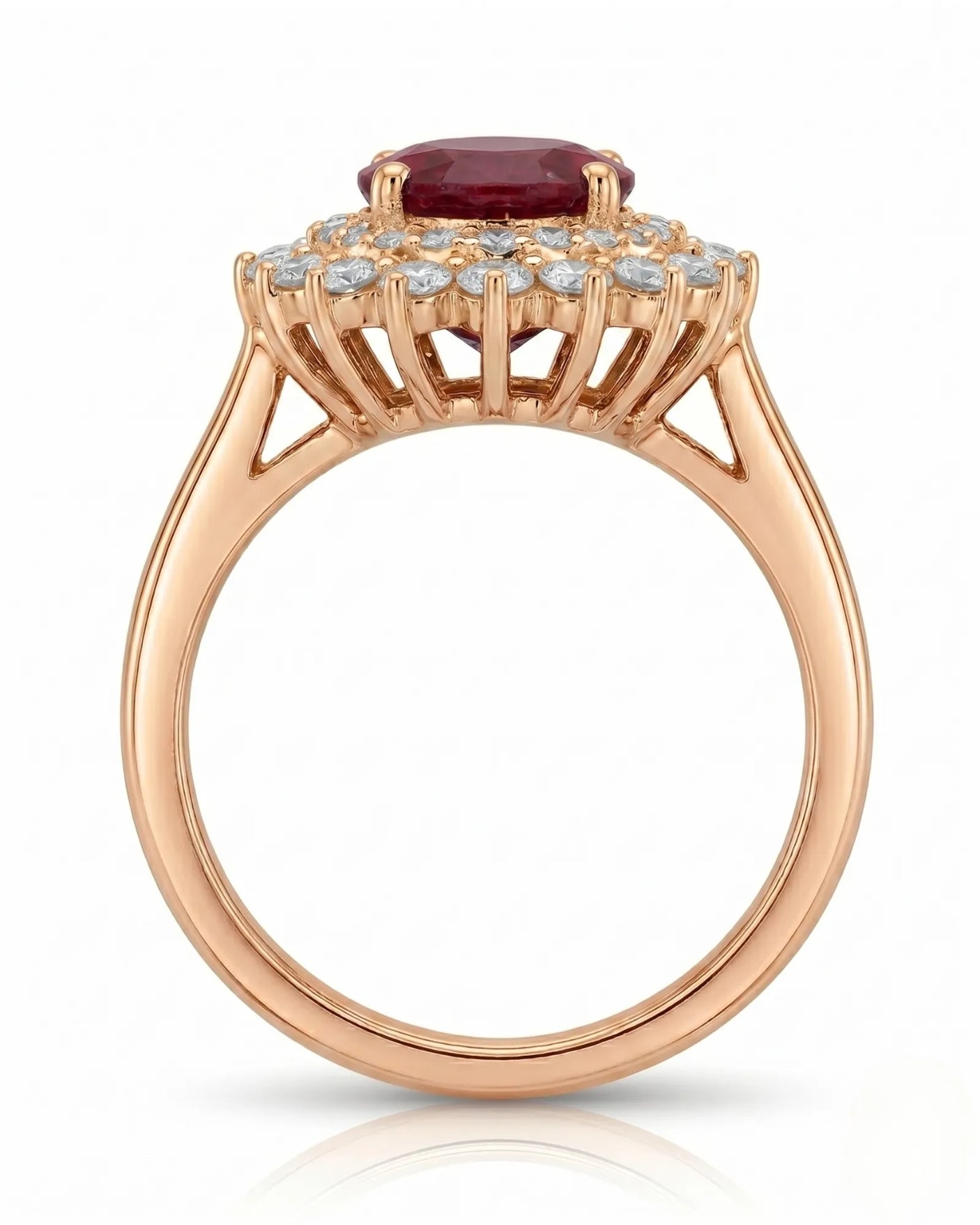Luxury oval ruby halo ring with brilliant diamonds in refined rose gold | SARATTI