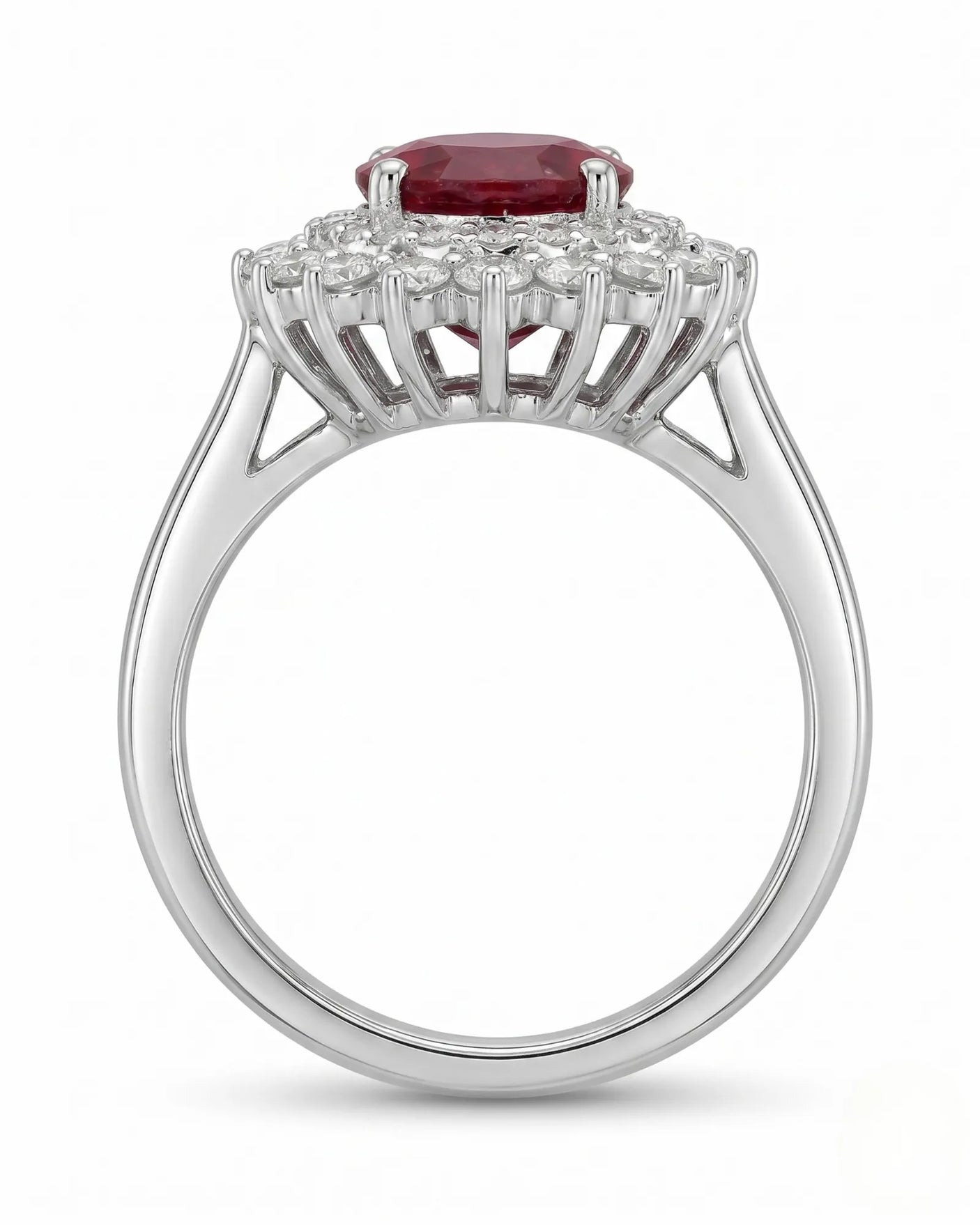 Luxury oval ruby halo ring with brilliant diamonds in refined white gold | SARATTI