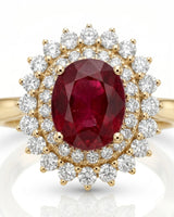 Classic ruby ring with round diamond halo and floral design in yellow gold | SARATTI.