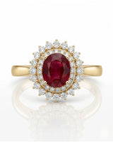 Luxury oval ruby halo ring with brilliant diamonds in refined yellow gold - SARATTI