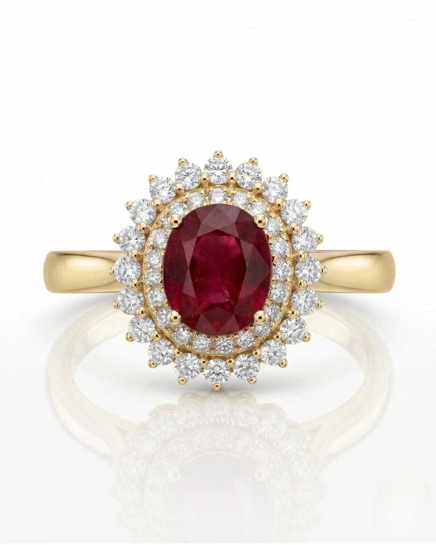 Luxury oval ruby halo ring with brilliant diamonds in refined yellow gold - SARATTI