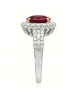 Luxury oval ruby halo ring with diamond shoulders in refined two tone - SARATTI