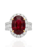 Luxury oval ruby halo ring with diamond shoulders in refined two tone | SARATTI