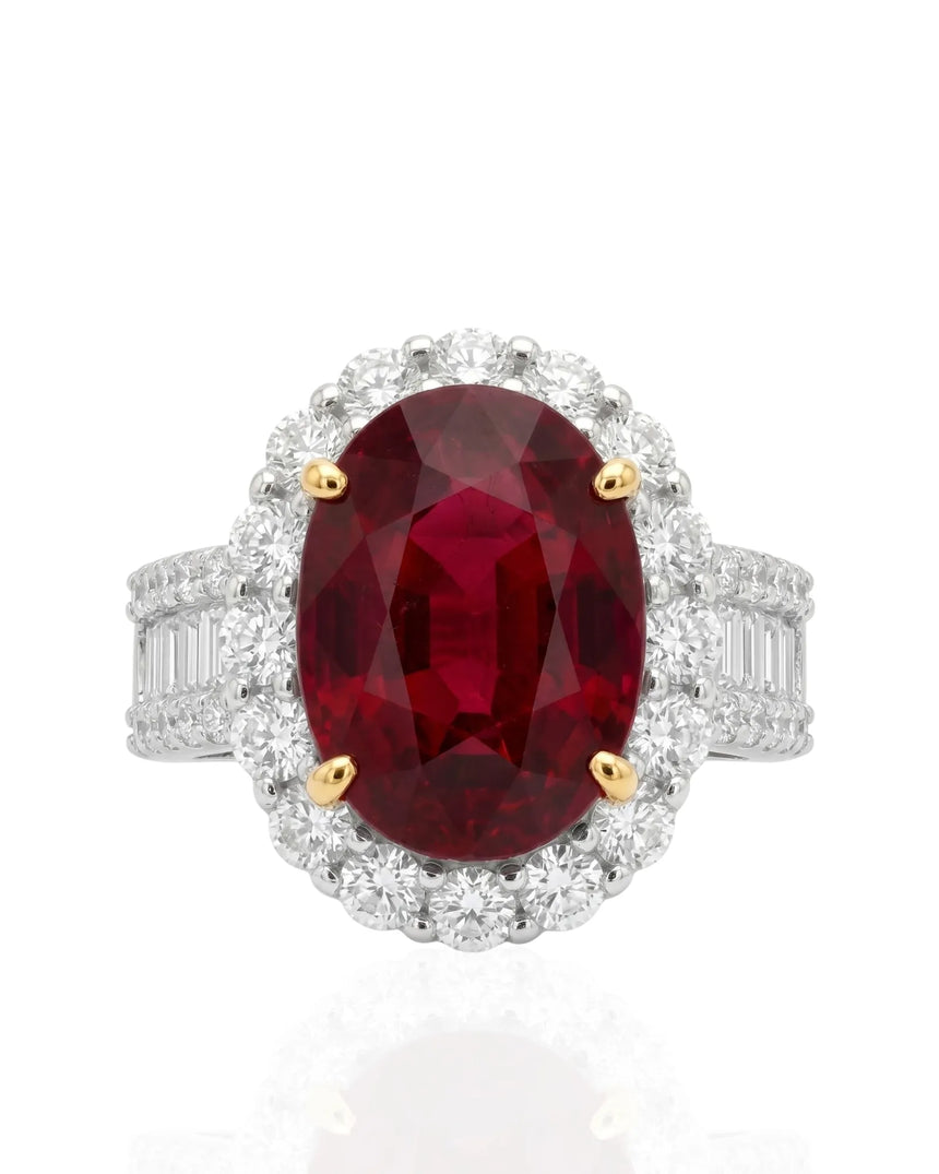 Luxury oval ruby halo ring with diamond shoulders in refined two tone | SARATTI