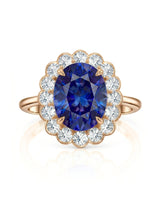 Luxury oval sapphire cocktail ring with diamond halo in 18K rose gold - SARATTI