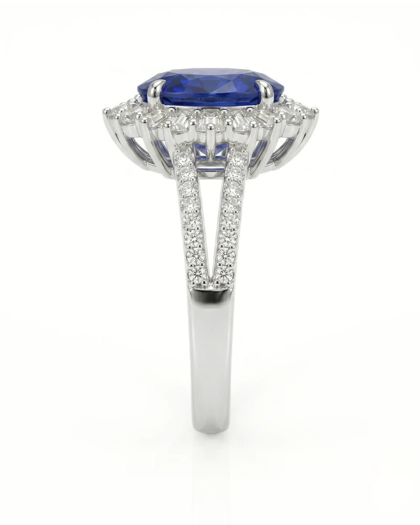 Luxury oval sapphire diamond halo ring crafted in polished 18K white gold - SARATTI