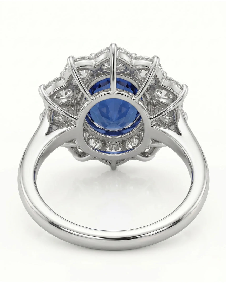 Luxury oval sapphire diamond halo ring crafted in polished 18K white gold SARATTI...
