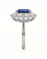 Luxury oval sapphire diamond halo ring crafted in polished 18K white gold SARATTI..