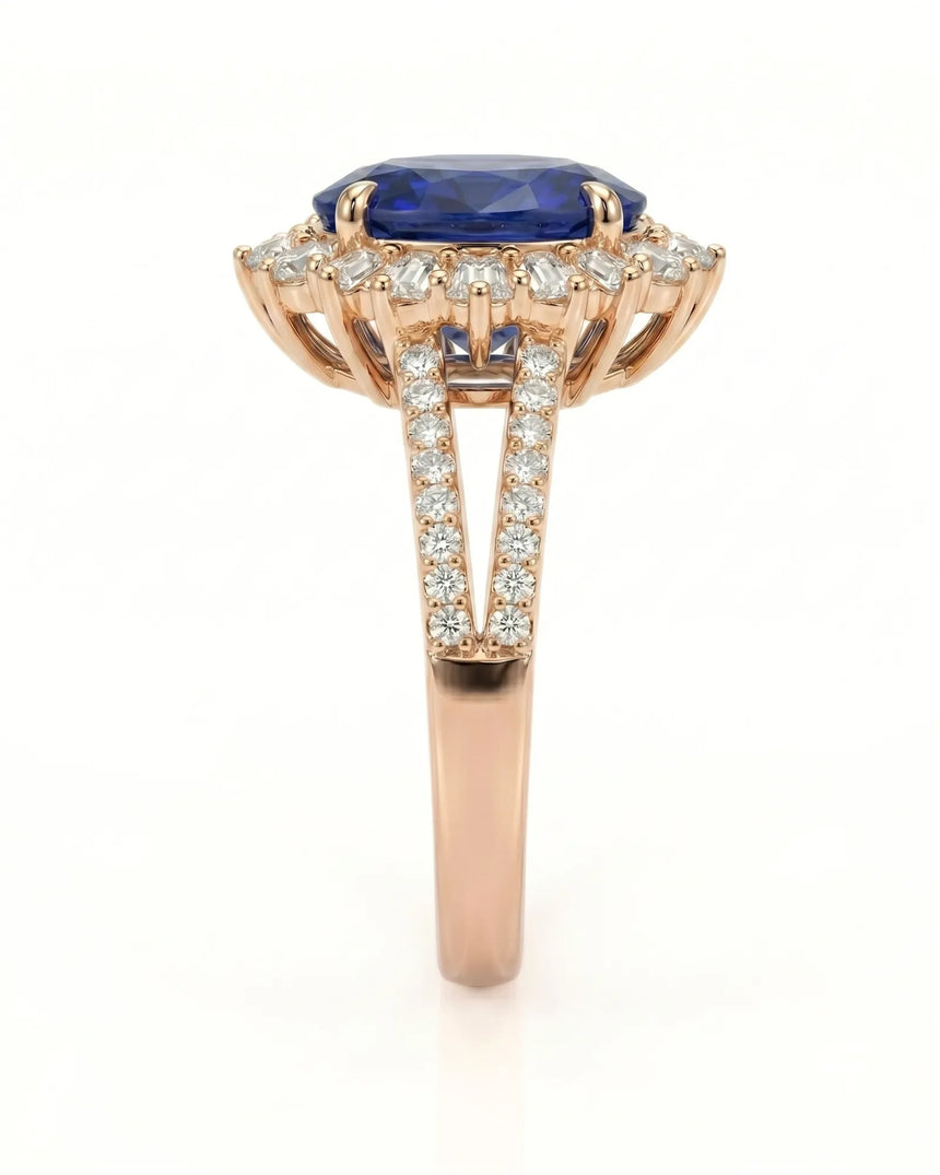 Luxury oval sapphire diamond halo ring crafted in refined 18K rose gold - SARATTI