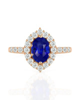 Luxury oval sapphire diamond ring with brilliant halo in 18K rose gold | SARATTI
