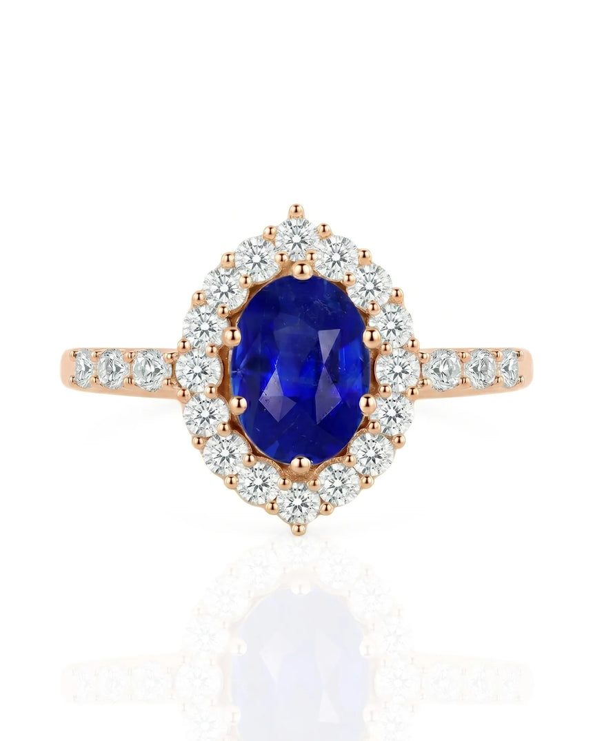 Luxury oval sapphire diamond ring with brilliant halo in 18K rose gold | SARATTI