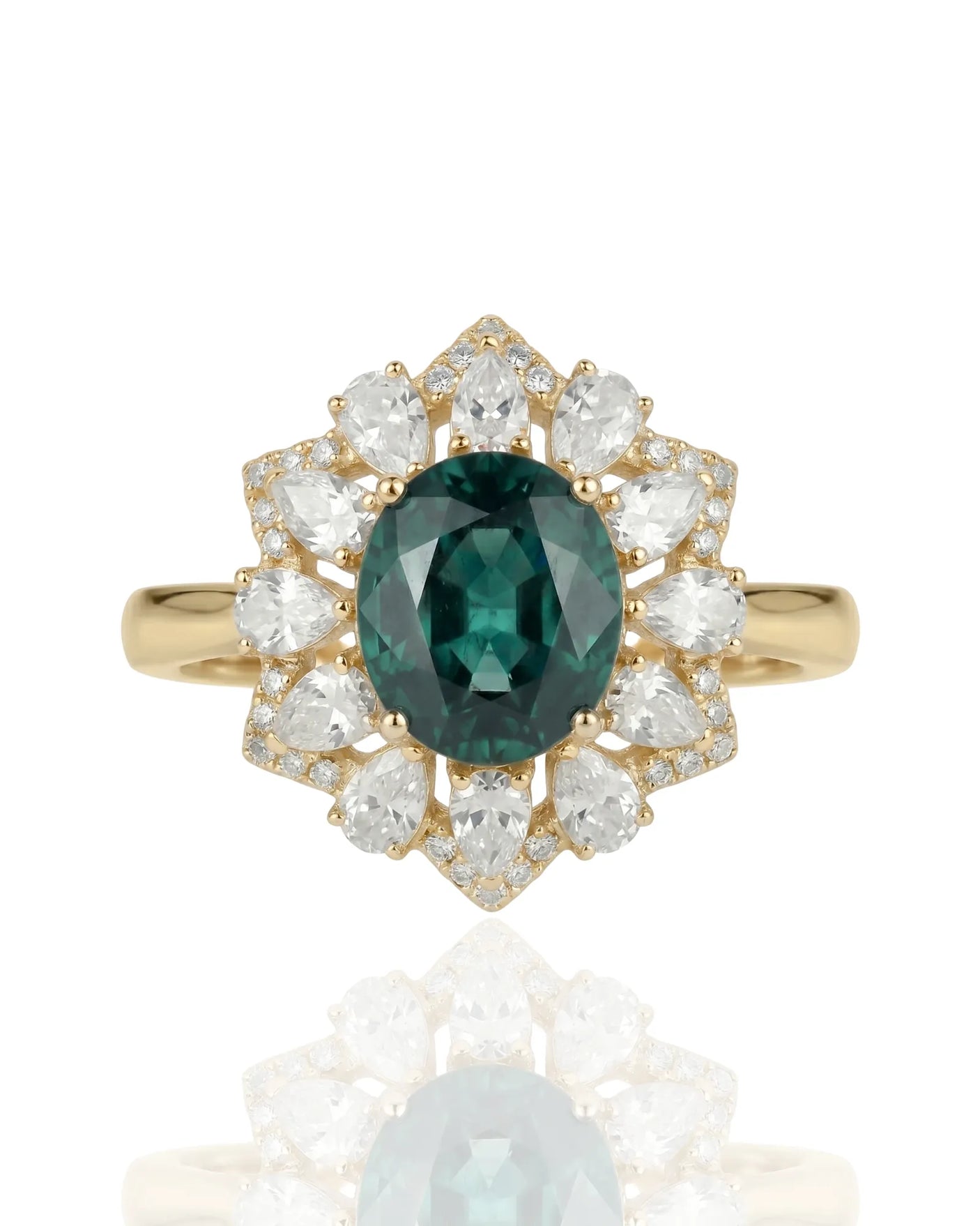 Luxury oval sapphire diamond ring with regal bloom design in 18K yellow gold | SARATTI