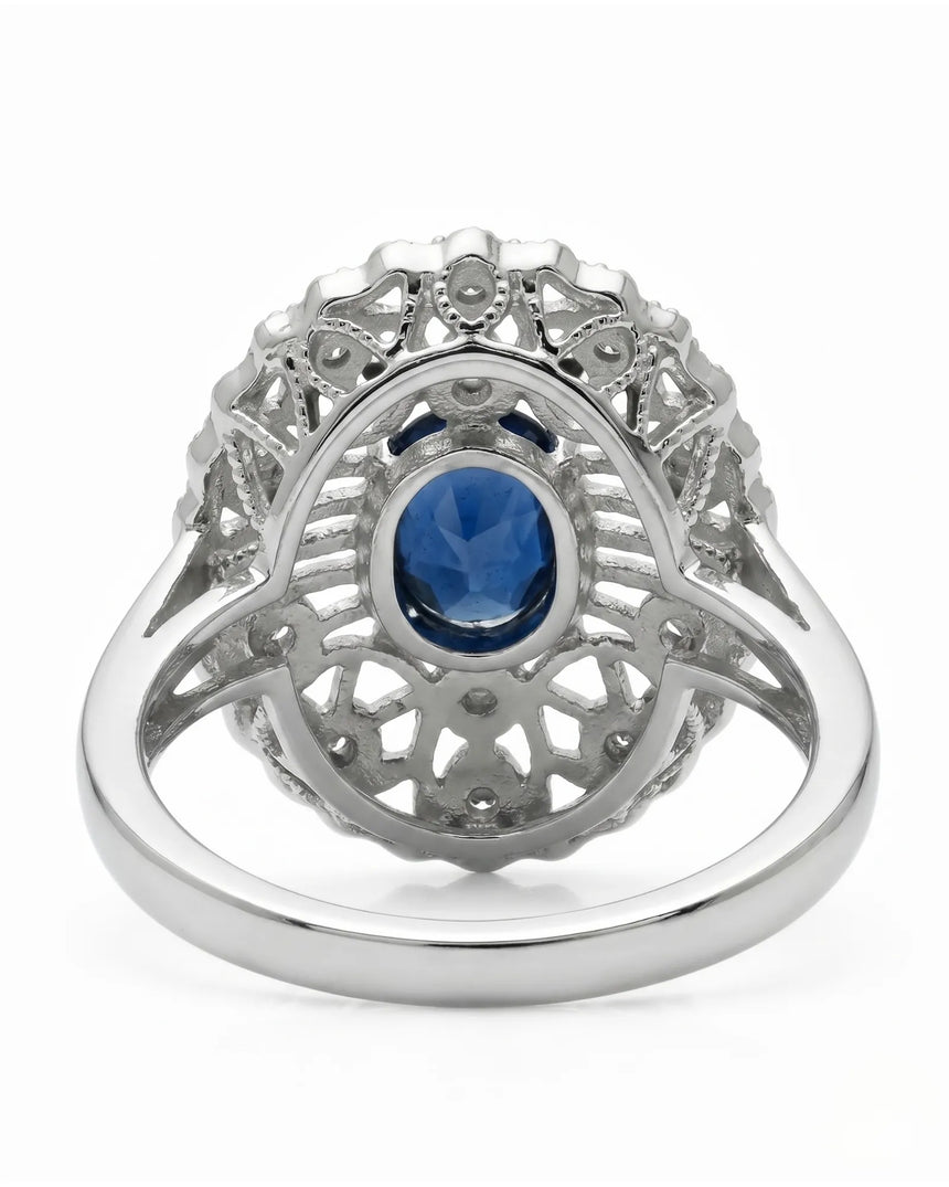 Luxury oval sapphire filigree ring with diamonds crafted in premium platinum | SARATTI