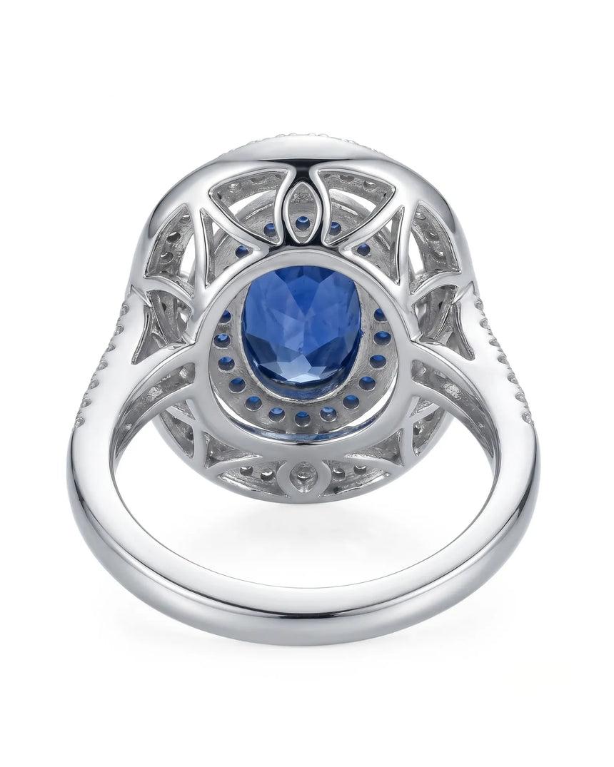 Luxury oval sapphire statement ring with diamond halo in 18K white gold - SARATTI