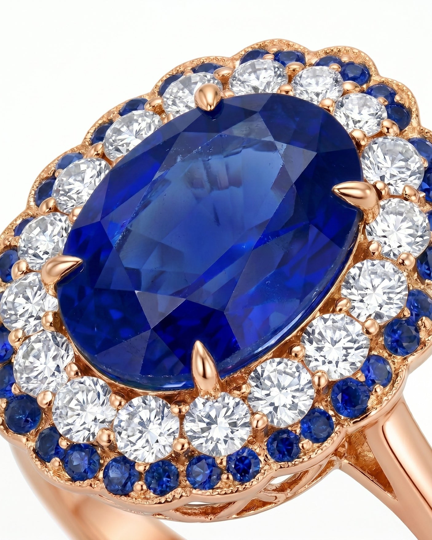 Luxury oval sapphire statement ring with double halo design in 18K rose gold -- SARATTI