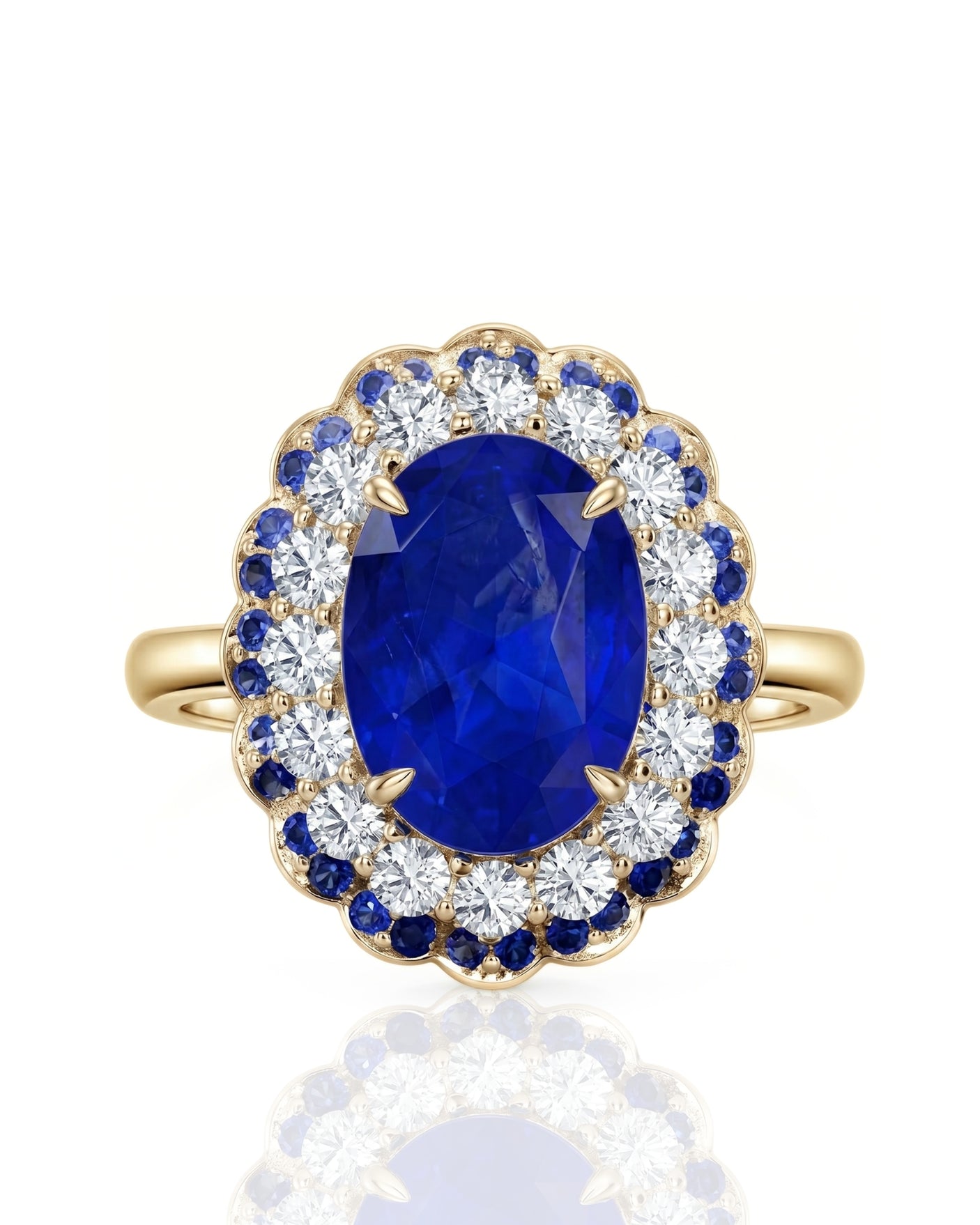 Luxury oval sapphire statement ring with double halo design in 18K yellow gold - SARATTI