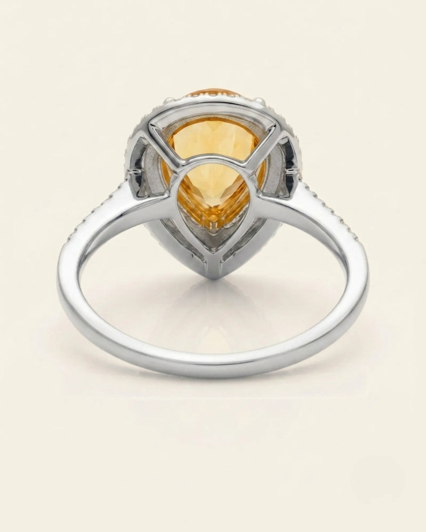 Luxury pear-shaped citrine and diamond statement ring handcrafted in luminous 18K white gold - SARATTI