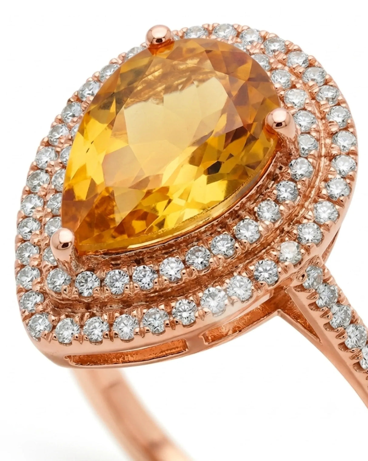 Luxury pear-shaped citrine and diamond statement ring handcrafted in romantic 18K rose gold - SARATTI