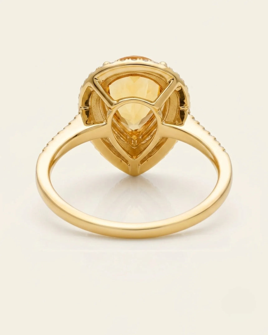 Luxury pear-shaped citrine and diamond statement ring handcrafted in warm 18K yellow gold - SARATTI