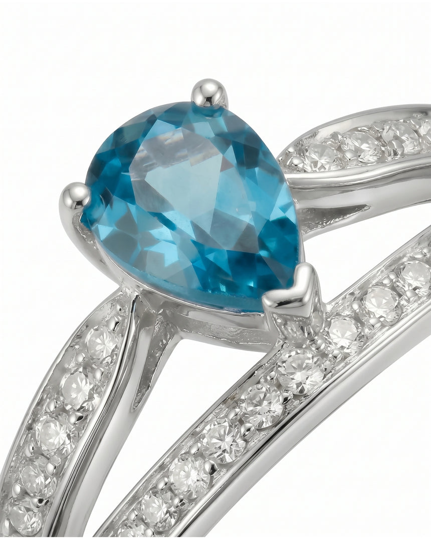 Luxury pear aquamarine ring with diamond split shank in 18K White Gold - SARATTI