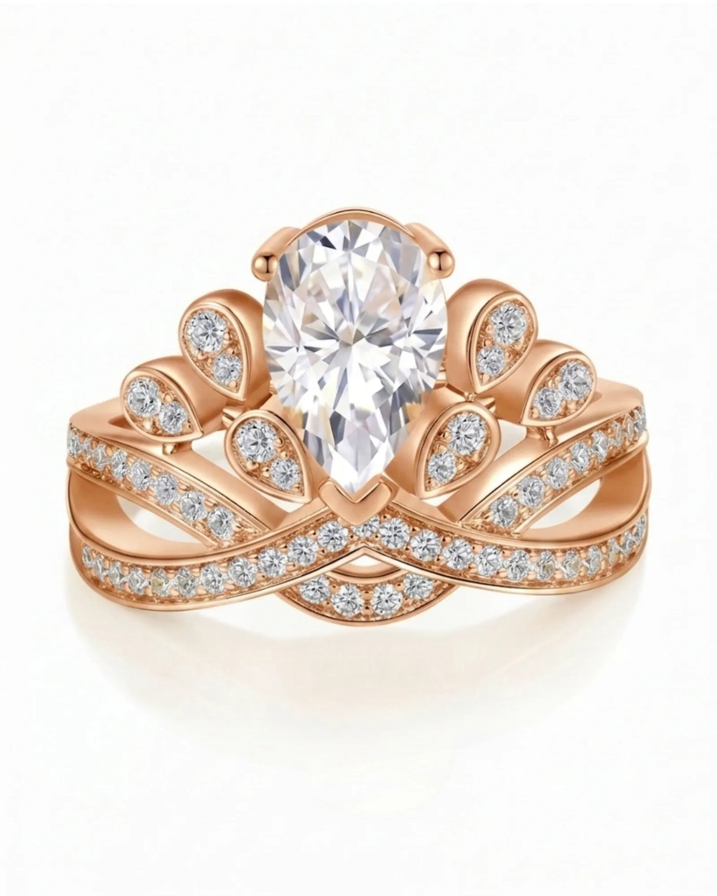 Luxury pear moissanite engagement ring with imperial detailing and refined 18K rose gold craftsmanship | SARATTI