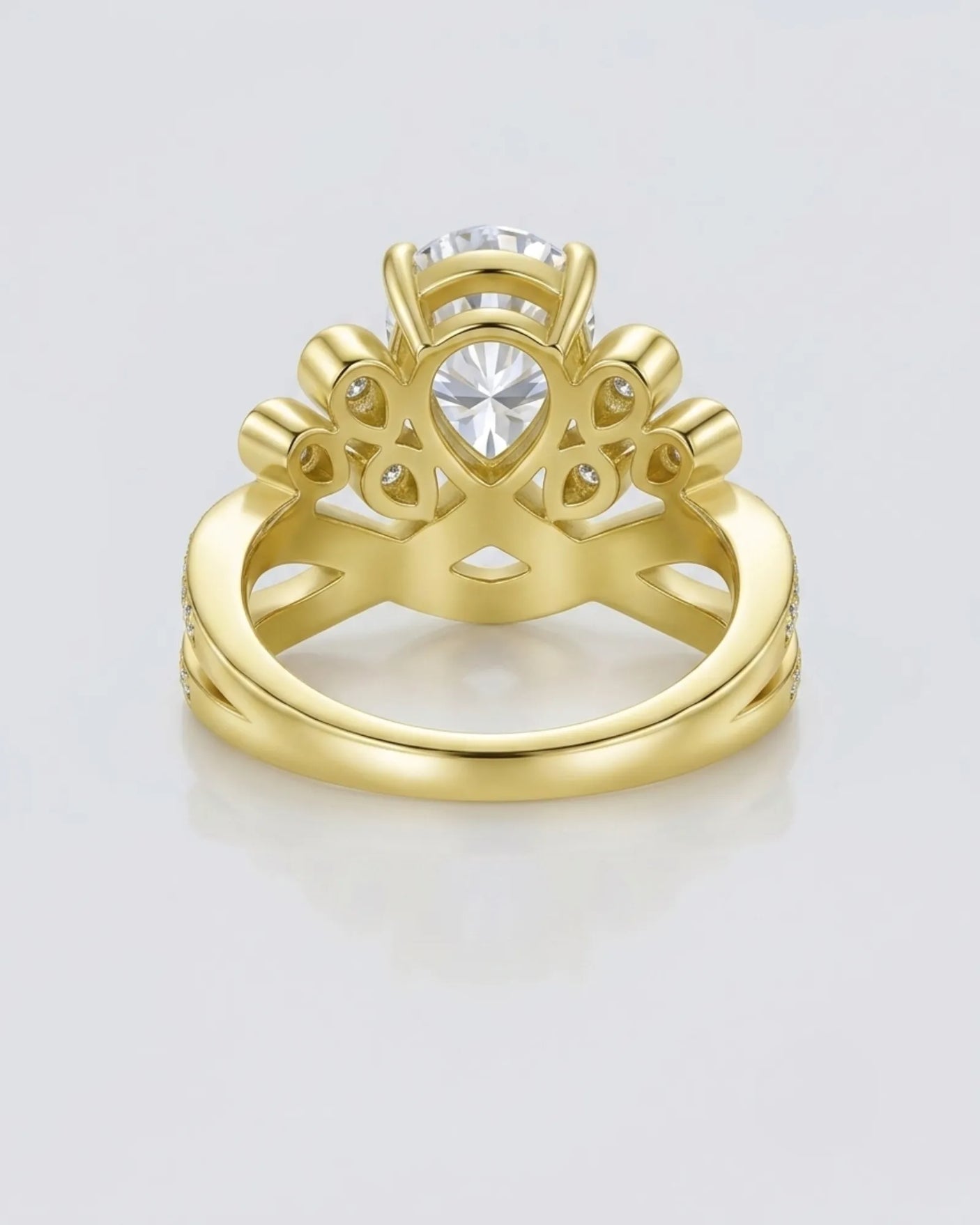 Luxury pear moissanite engagement ring with imperial detailing and rich 18K yellow gold craftsmanship -- SARATTI