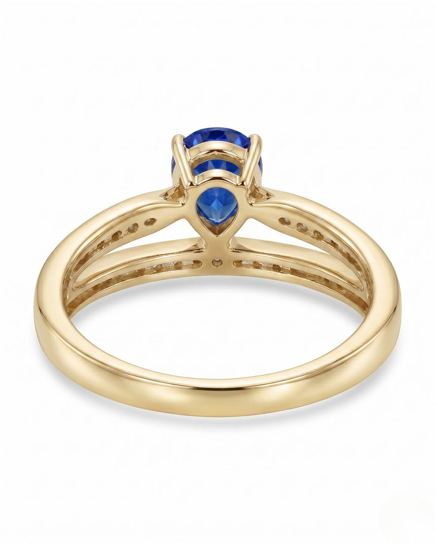 Luxury pear sapphire split shank ring with diamond accents in 18K yellow gold - SARATTI