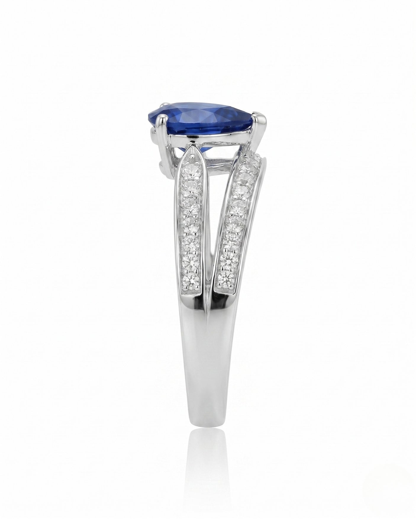 Luxury pear sapphire split shank ring with diamond accents in polished platinum - SARATTI