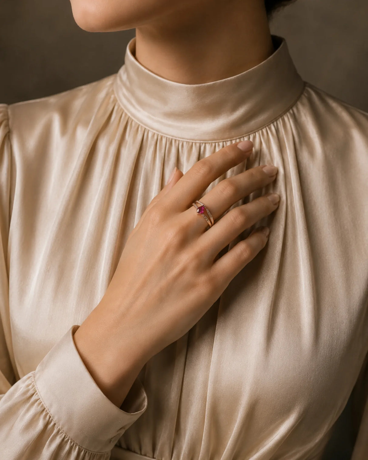 Luxury pear shaped ruby ring with diamond pavé in polished rose gold | SARATTI