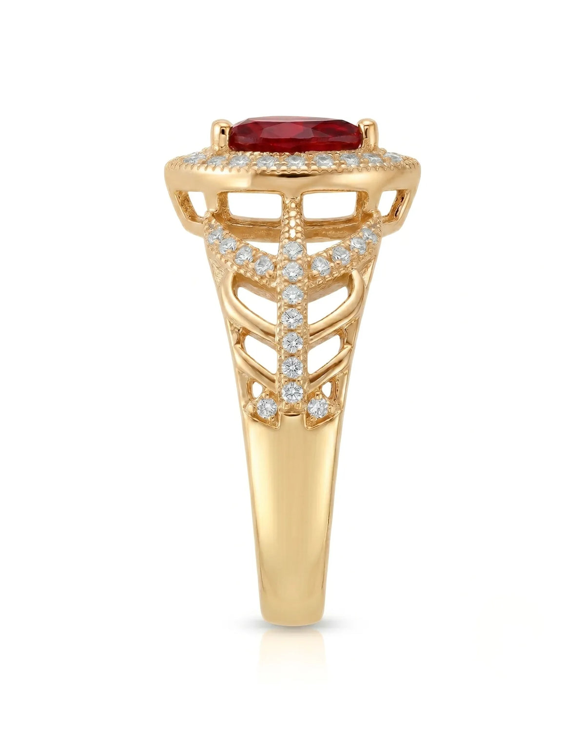 Luxury pear shaped ruby ring with diamonds in polished 18K yellow gold | SARATTI