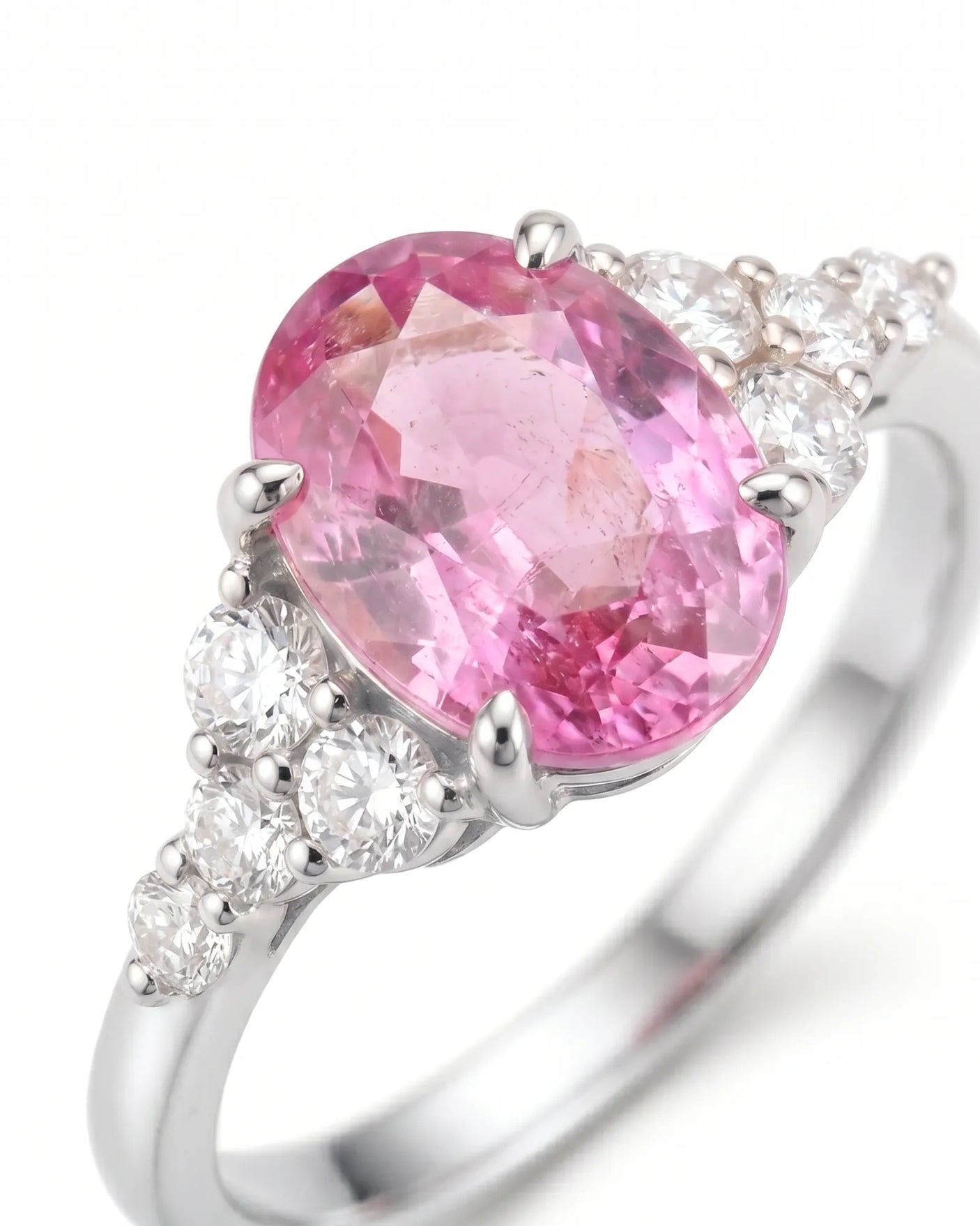 Luxury pink sapphire diamond ring with timeless oval design in 18K white gold - SARATTI