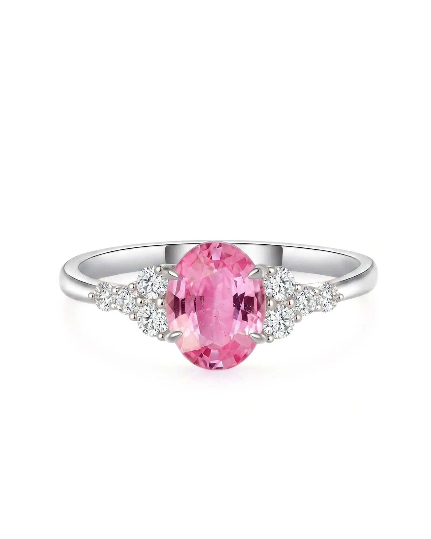 Luxury pink sapphire diamond ring with timeless oval design in platinum | SARATTI