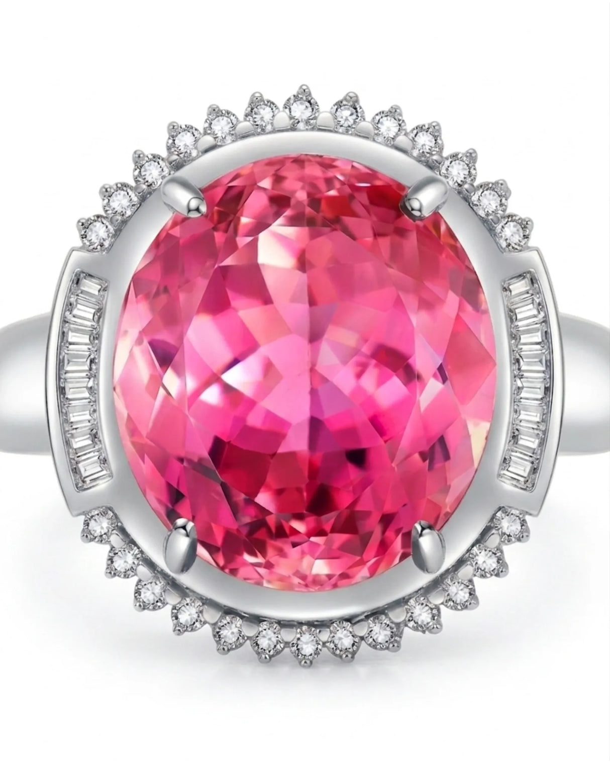Luxury pink tourmaline and diamond ring in platinum with refined halo design - SARATTI