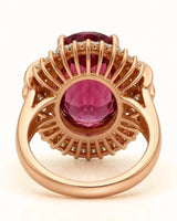 Luxury pink tourmaline and diamond ring in rose gold with sunburst halo design | SARATTI