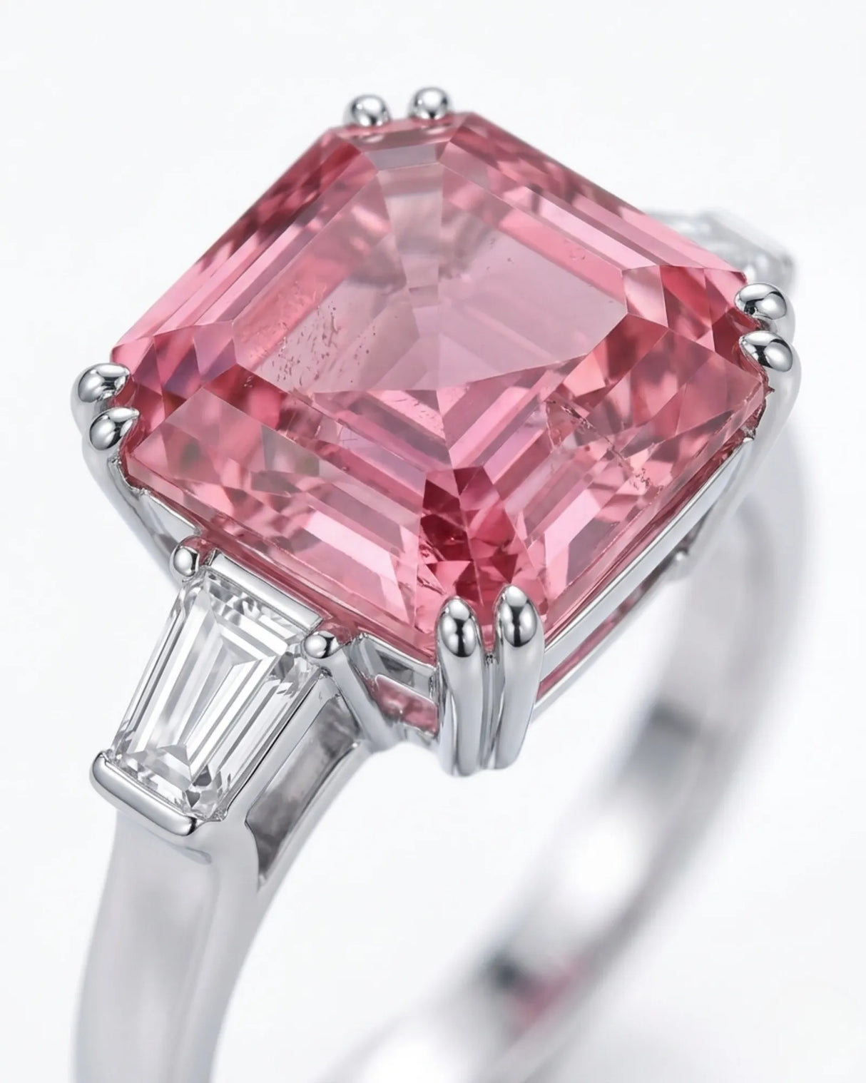 Luxury pink tourmaline and diamond ring in white gold with modern geometric design | SARATTI